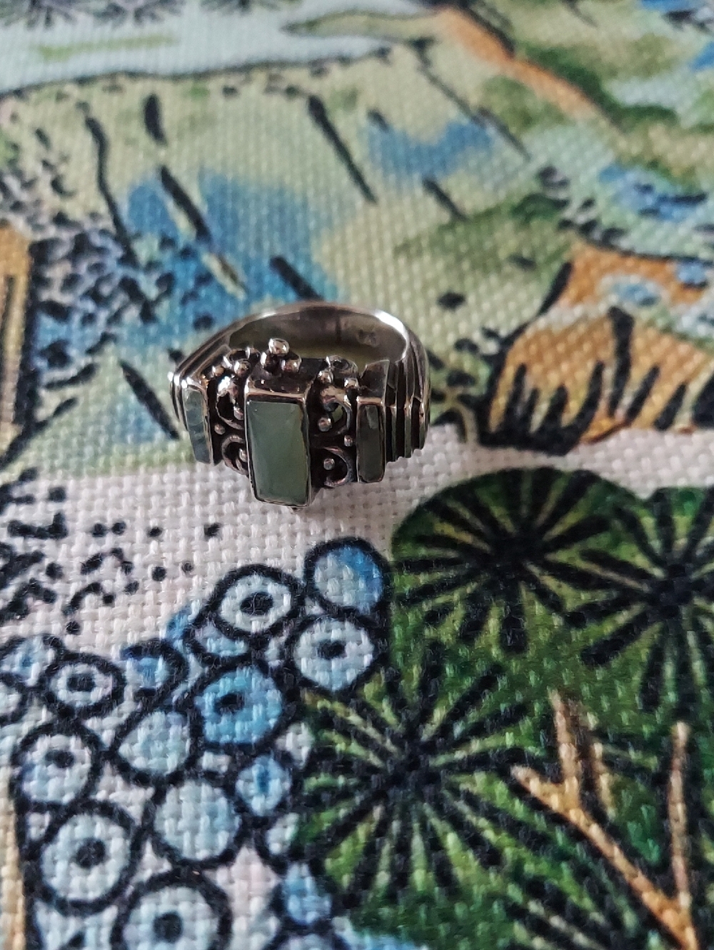 Sterling Silver Ring with Rectangular Pale Green Stones Size 6
